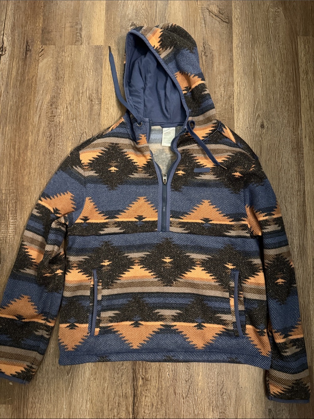 Women’s Cinch Hooded Aztec Pullover Sweater - Blue & Tan